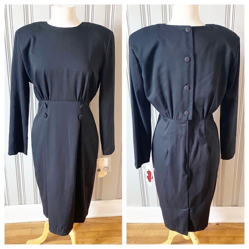 VINTAGE NWT 80s Curvy Black Dress Pencil Skirt Shoulder Pads by Hearts Sz 12